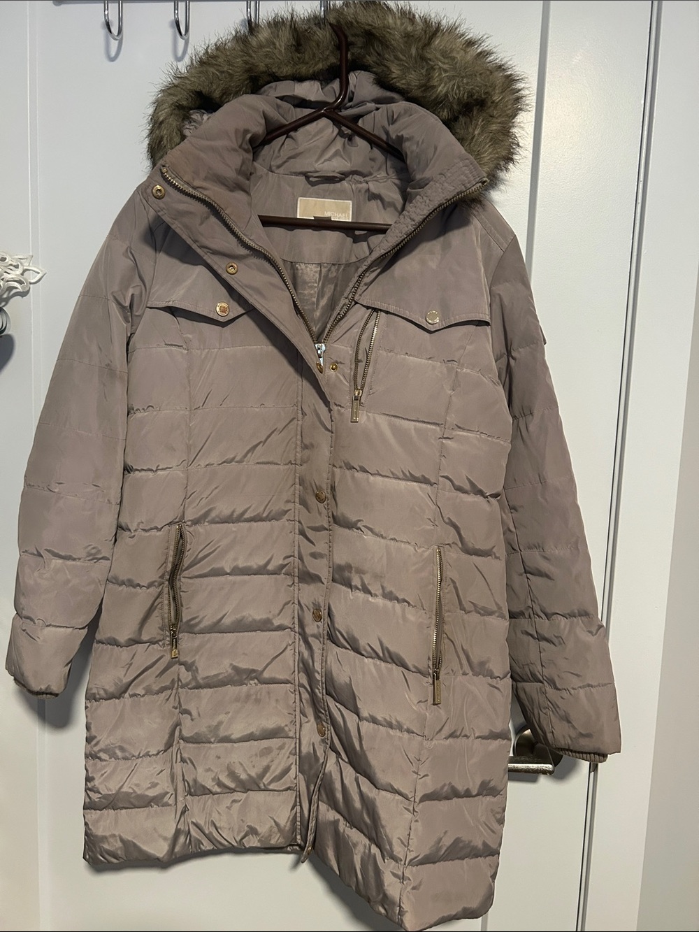 MICHAEL Michael Kors Taupe Quilted Long Puffer Coat with Faux-Fur Hood